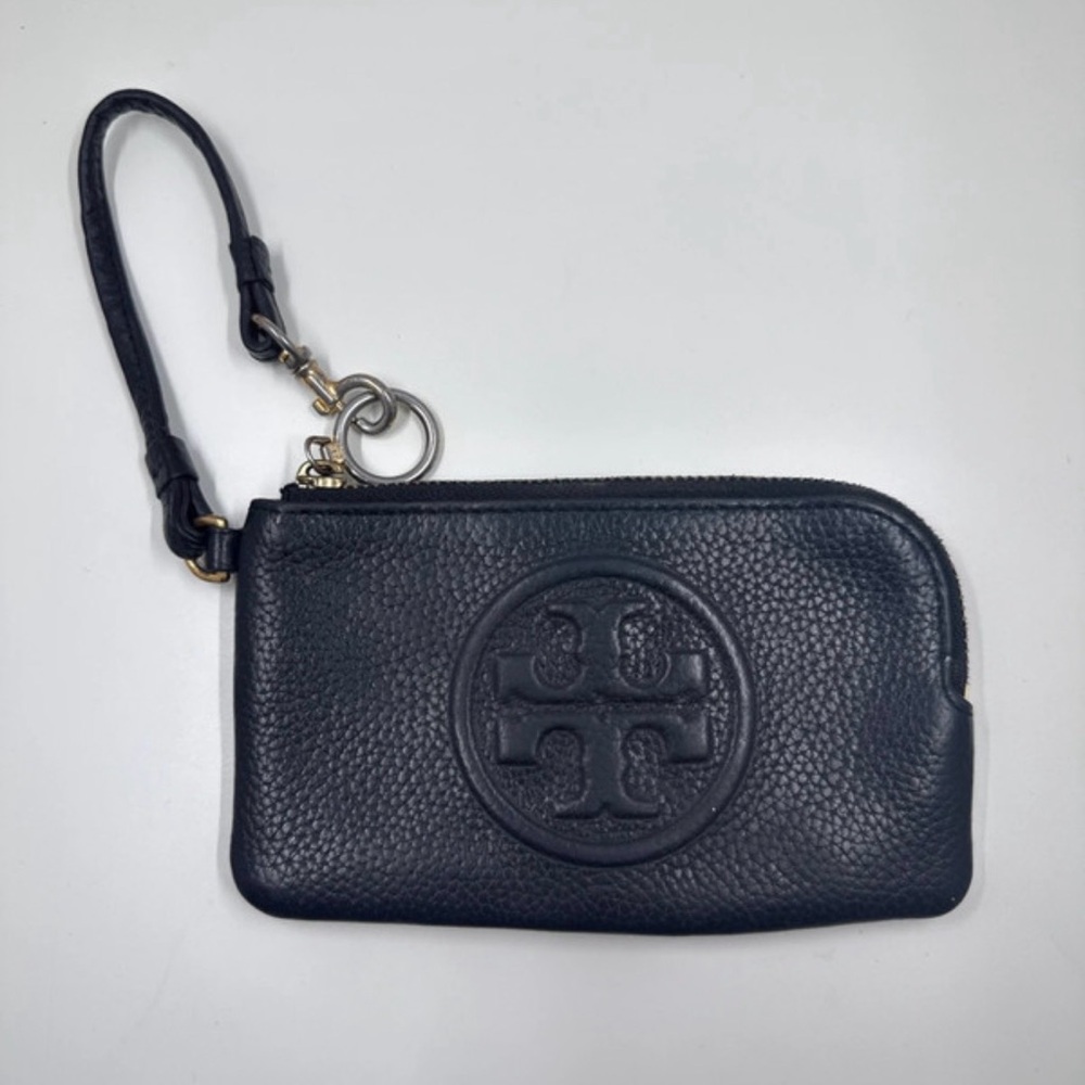 Tory Burch Black Pebbled Leather Logo Wristlet